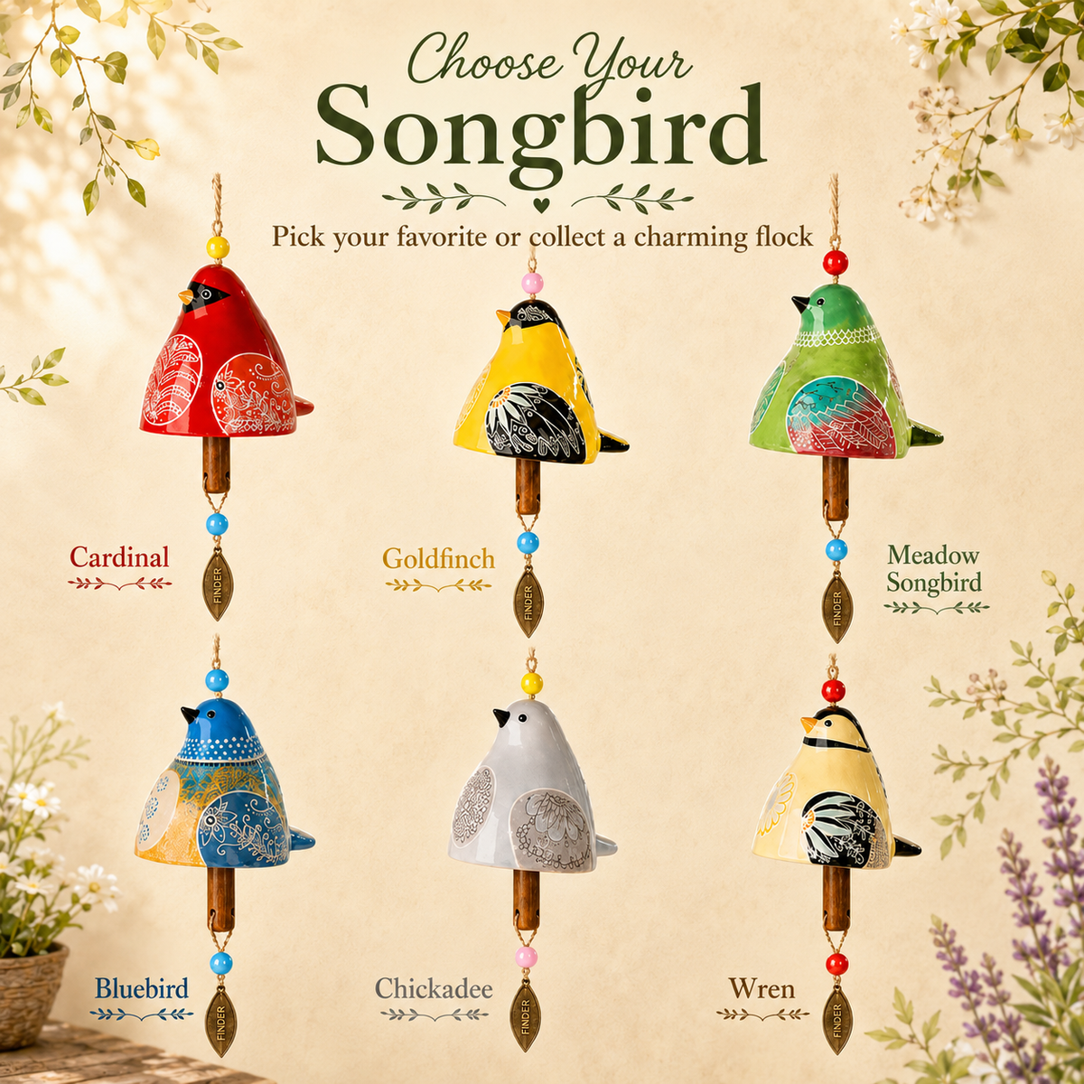 ✨ Hand-Painted Resin Bird Wind Chime, Colorful Folk Art Garden Hanging Decor🎁