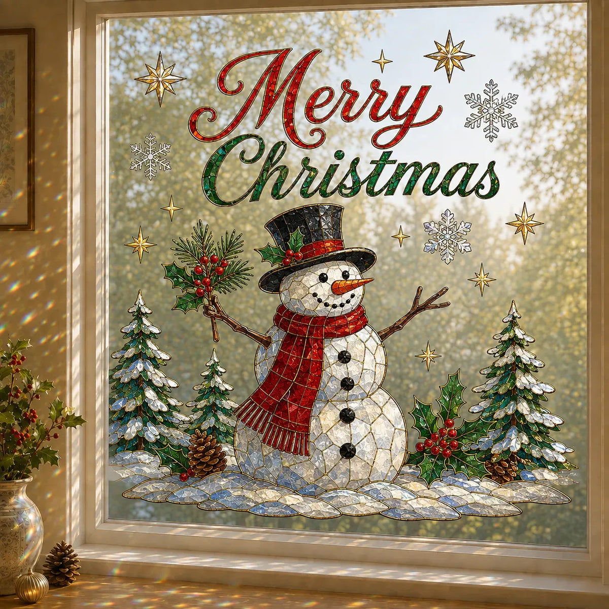 🎄Christmas Window Scene Decor – 28×28in Festive Snowman & Angel Holiday Art