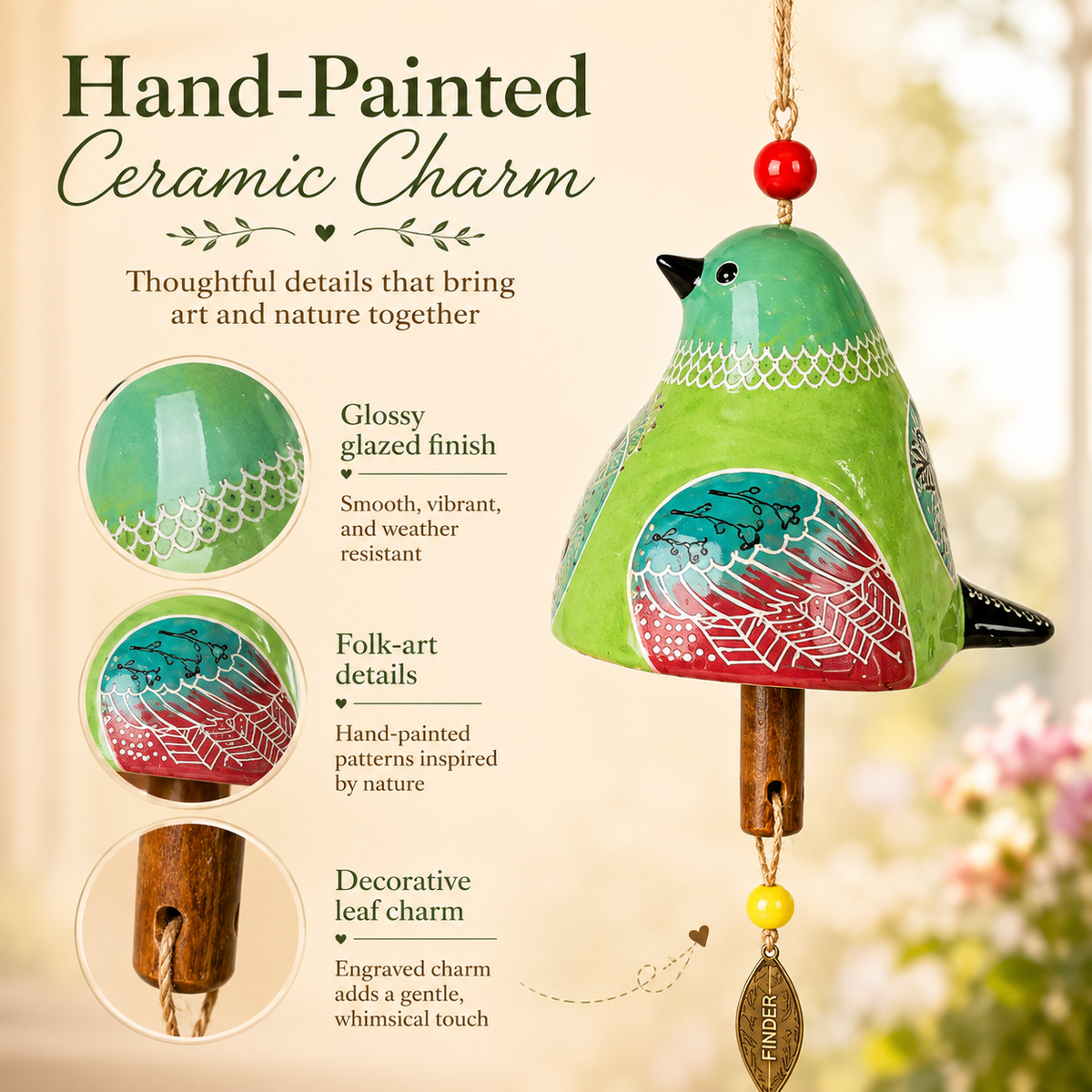 ✨ Hand-Painted Resin Bird Wind Chime, Colorful Folk Art Garden Hanging Decor🎁