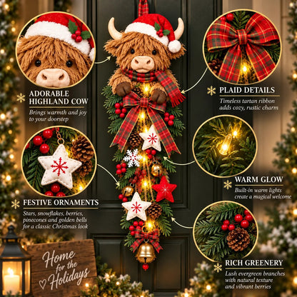🔥Last Day 49% OFF✨🎄 Lighted Highland Cow Christmas Door Swag – A Cozy Holiday Welcome