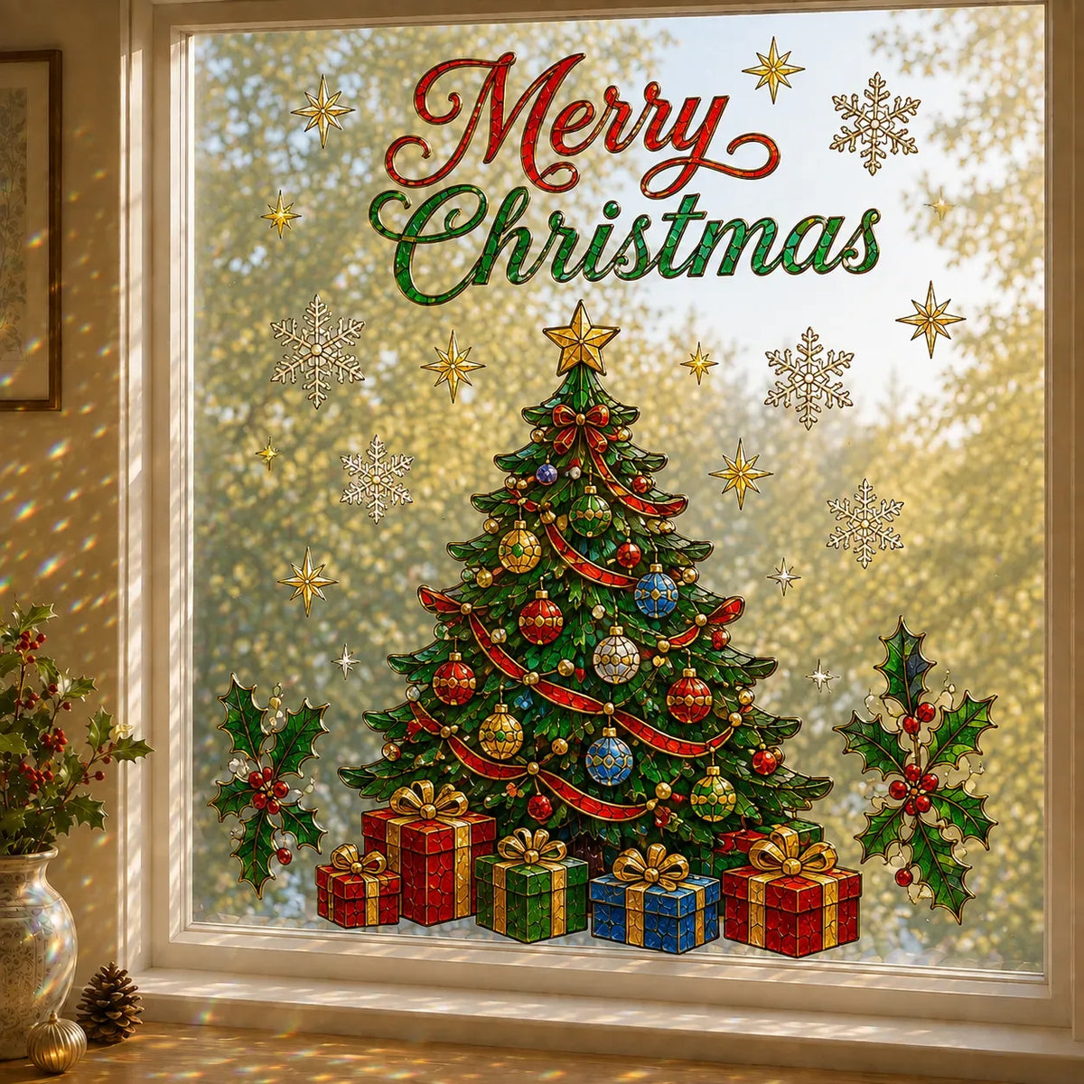 🎄Christmas Window Scene Decor – 28×28in Festive Snowman & Angel Holiday Art