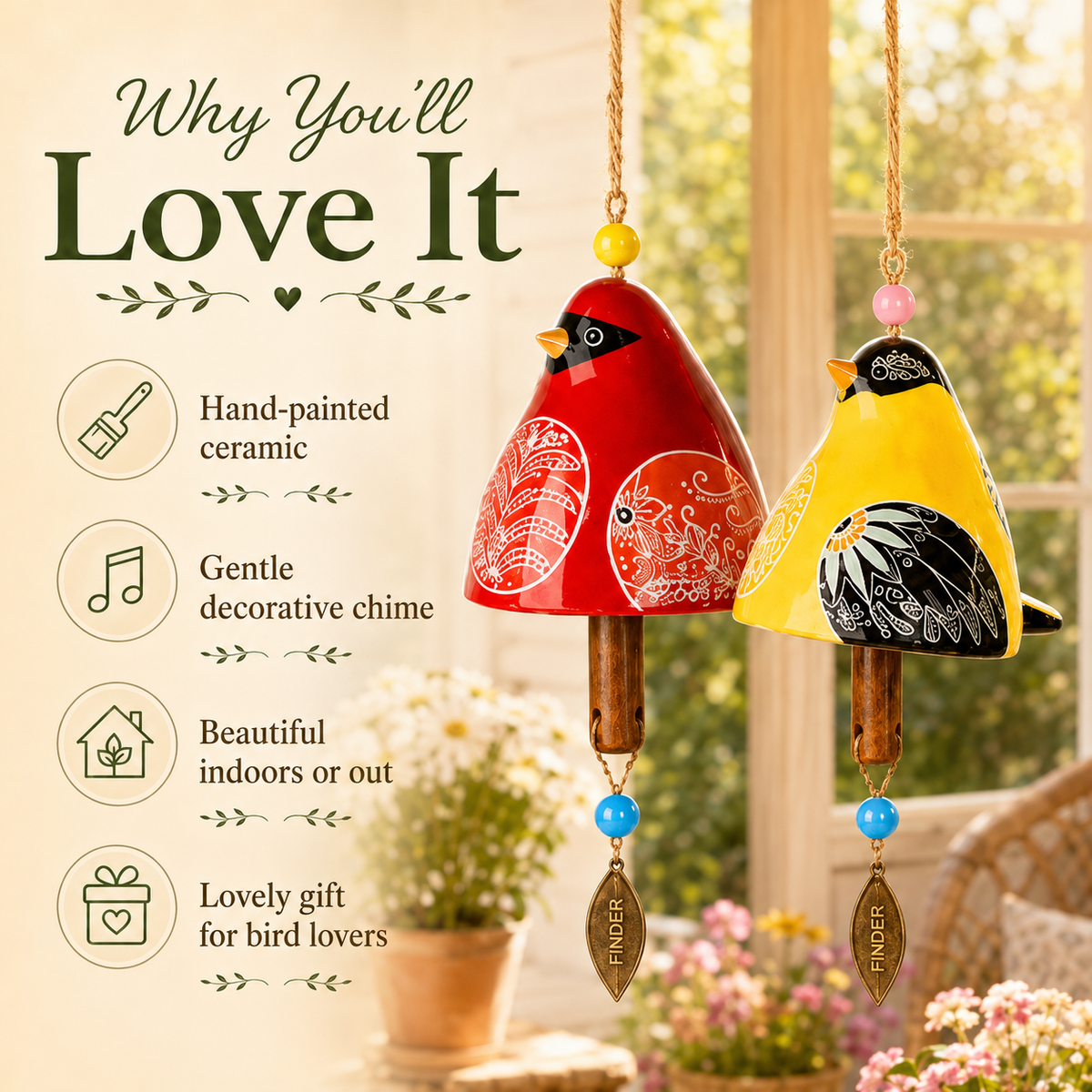 ✨ Hand-Painted Resin Bird Wind Chime, Colorful Folk Art Garden Hanging Decor🎁