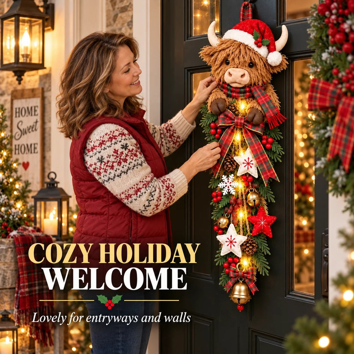 🔥Last Day 49% OFF✨🎄 Lighted Highland Cow Christmas Door Swag – A Cozy Holiday Welcome