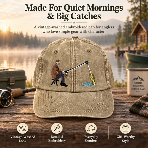 🎣 Catch of the Day Interactive Fishing Cap –🎁 Vintage Washed Moving Fish Hat