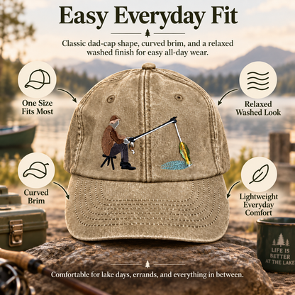 🎣 Catch of the Day Interactive Fishing Cap –🎁 Vintage Washed Moving Fish Hat