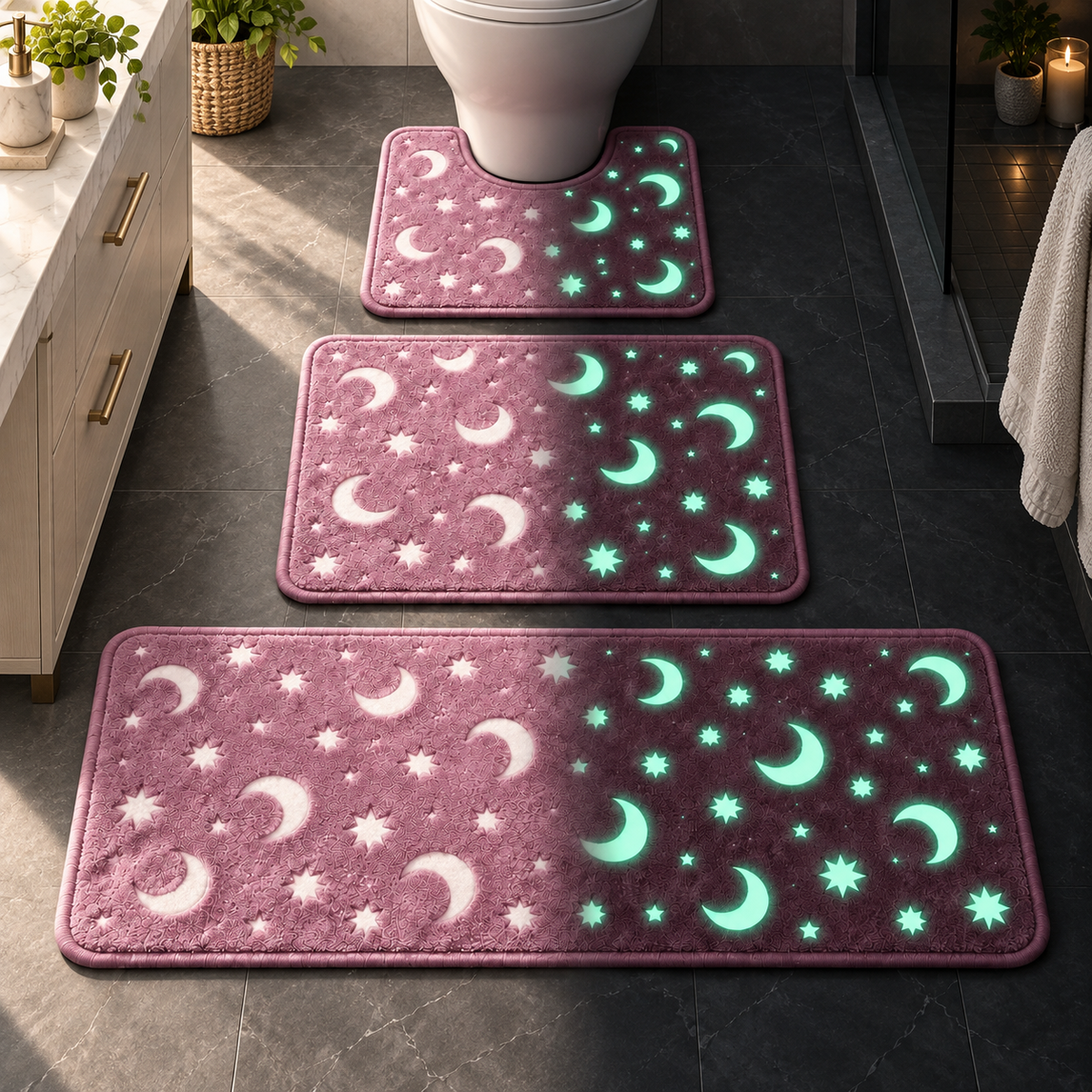🌙 Haunted Moonlight Glow Bath Mat Set – 3-Piece Halloween Celestial Floor Decor