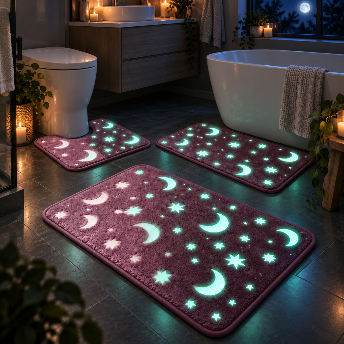 🌙 Haunted Moonlight Glow Bath Mat Set – 3-Piece Halloween Celestial Floor Decor