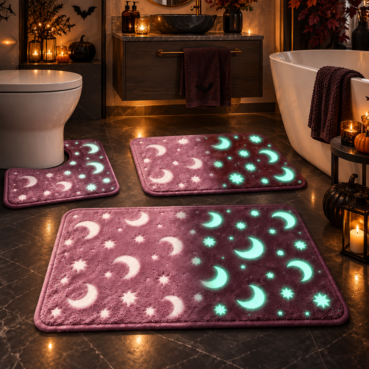 🌙 Haunted Moonlight Glow Bath Mat Set – 3-Piece Halloween Celestial Floor Decor