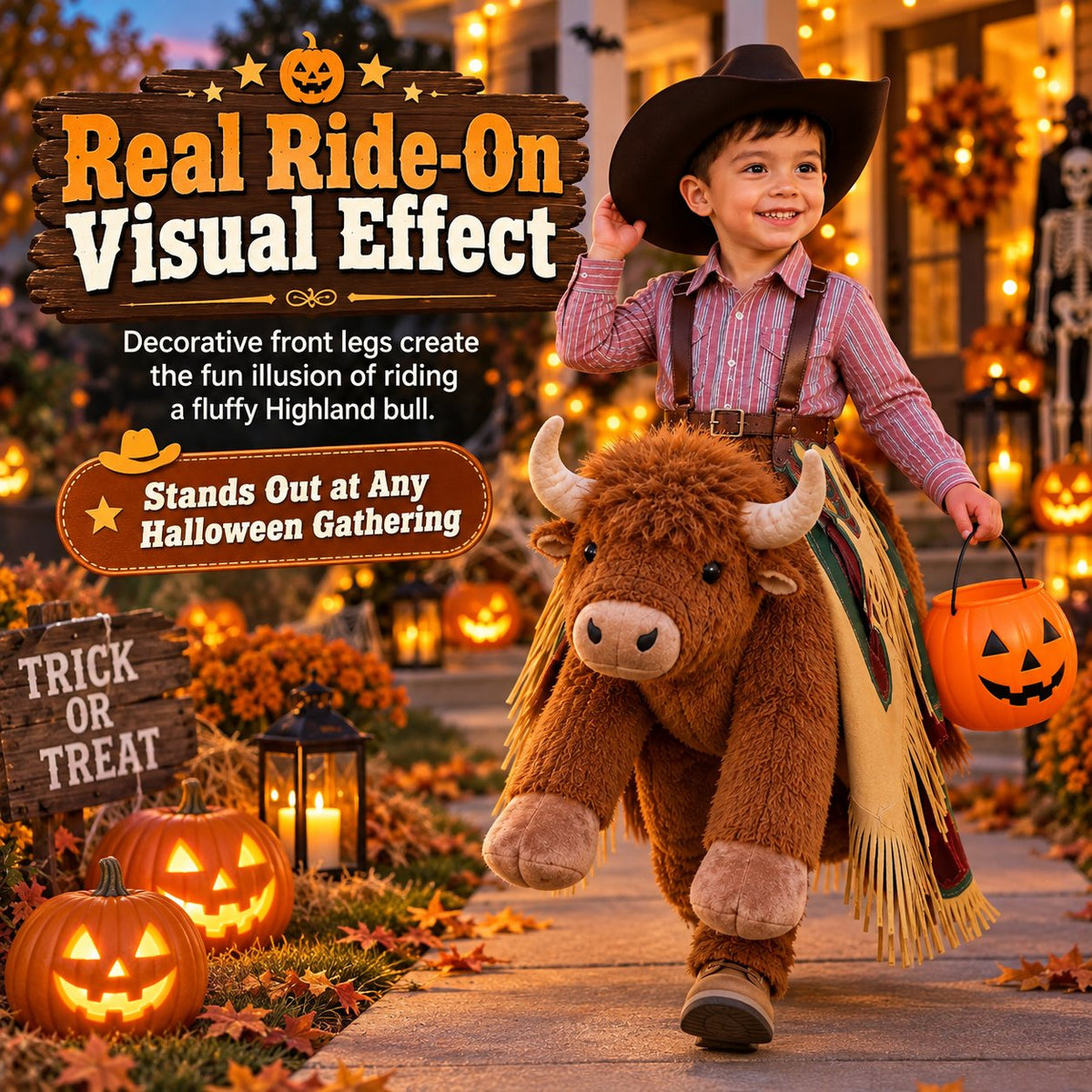Plush Bull Rider Ride‑On Kids Costume, Adjustable Harness Toddler Halloween Outfit