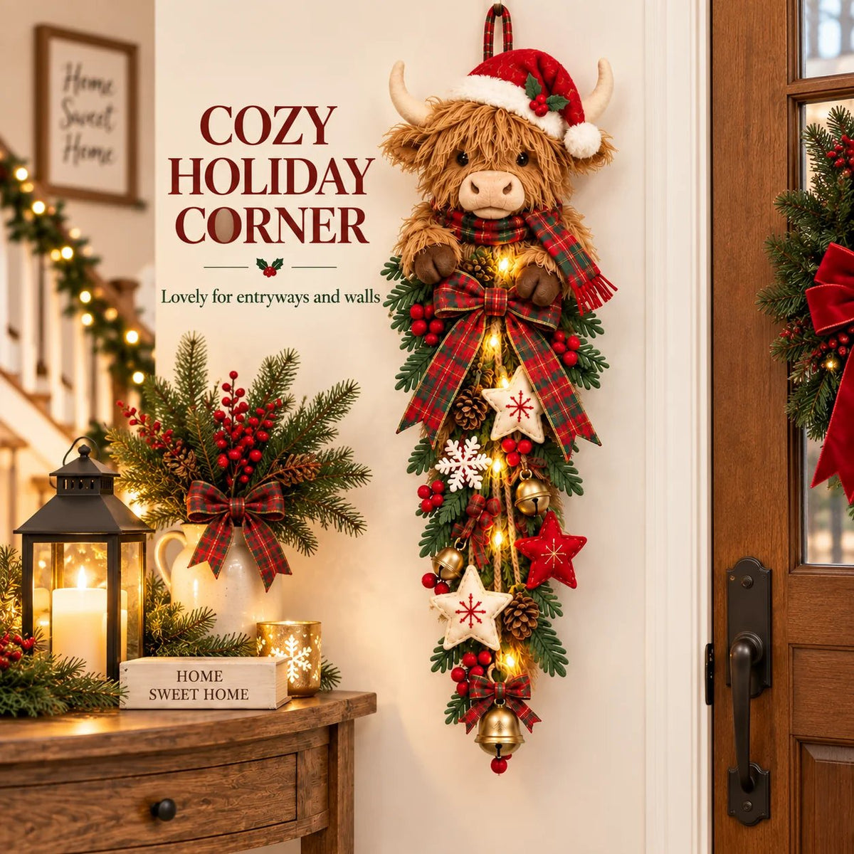 🔥Last Day 49% OFF✨🎄 Lighted Highland Cow Christmas Door Swag – A Cozy Holiday Welcome