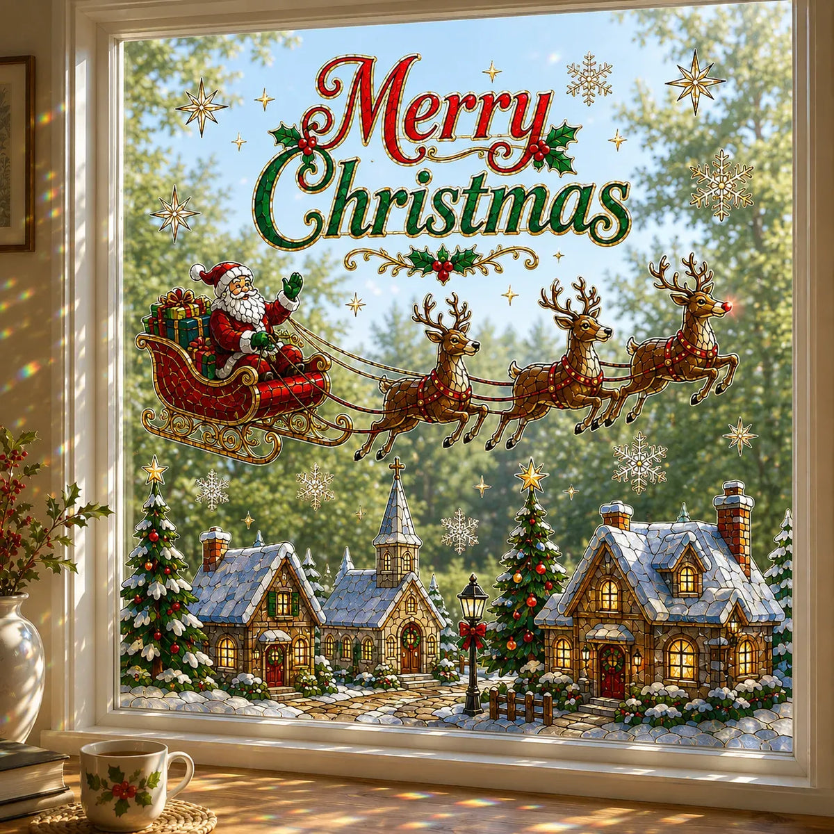 🎄Christmas Window Scene Decor – 28×28in Festive Snowman & Angel Holiday Art