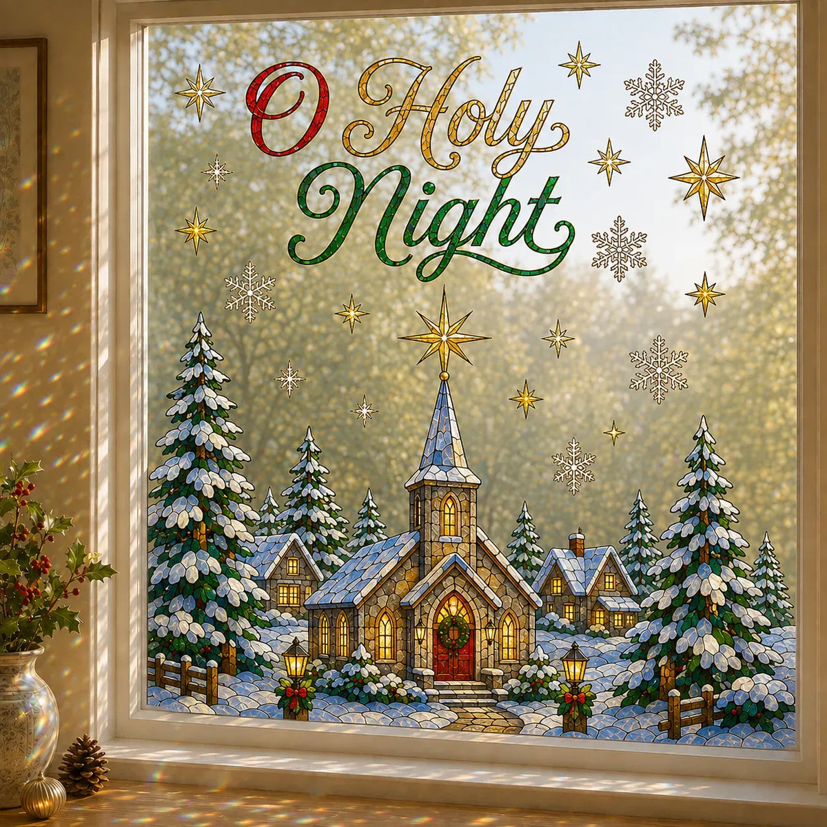 🎄Christmas Window Scene Decor – 28×28in Festive Snowman & Angel Holiday Art
