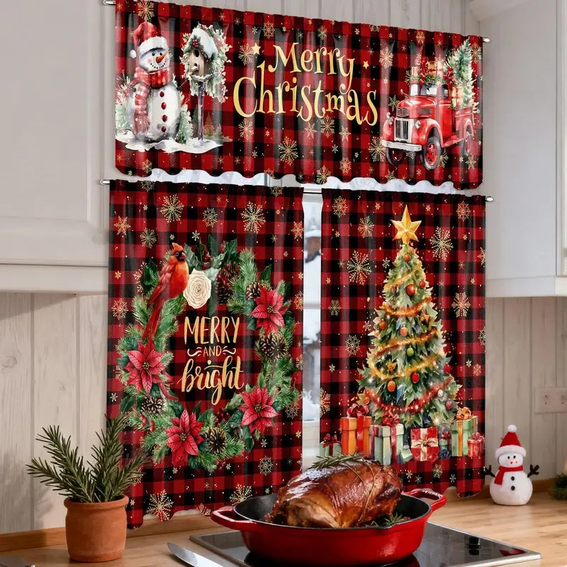 🎄3-Piece Christmas Kitchen Curtain Set | Water-Resistant Valance & Tier Curtains🏡